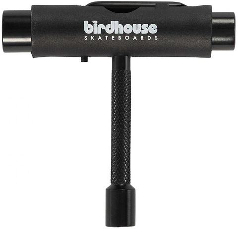 The Birdhouse Skateboard Multi T-Tool - Black by Birdhouse features a T-shaped design with three sockets and a textured handle, making it perfect for efficient skateboard maintenance. This versatile multi-tool is ideal for adjusting all your skateboard hardware.