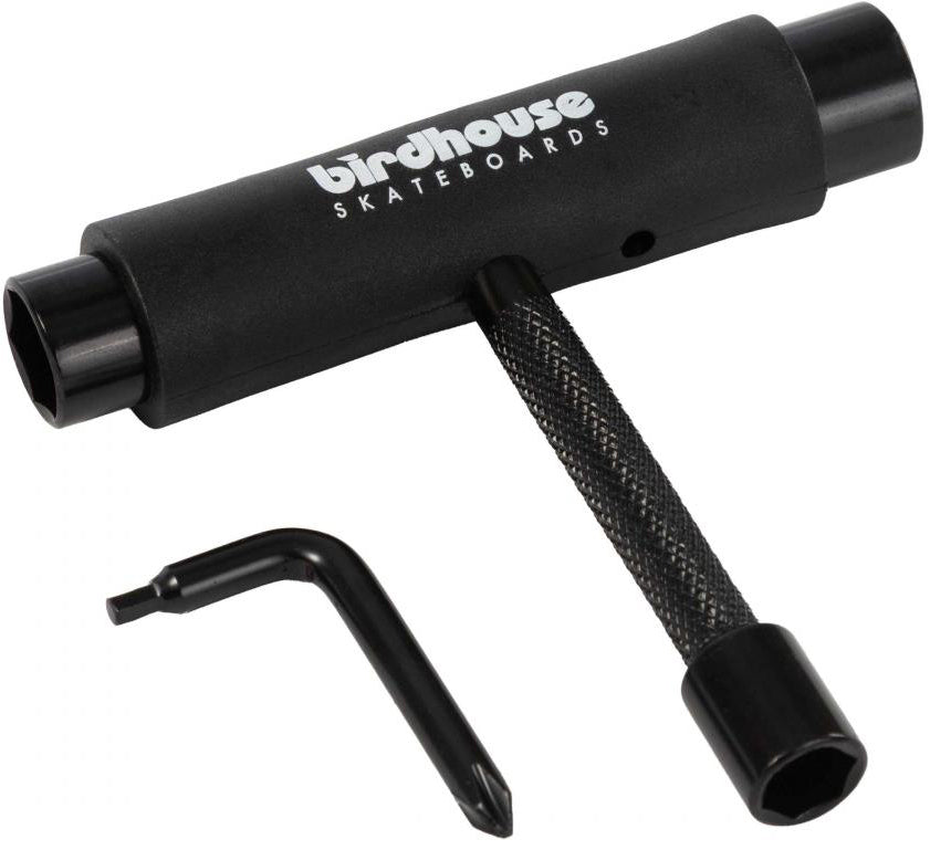 The Birdhouse Skateboard Multi T-Tool - Black by Birdhouse is a T-shaped tool featuring a removable metal screwdriver and an L-shaped Allen wrench, ideal for skateboard maintenance, shown on a white background.