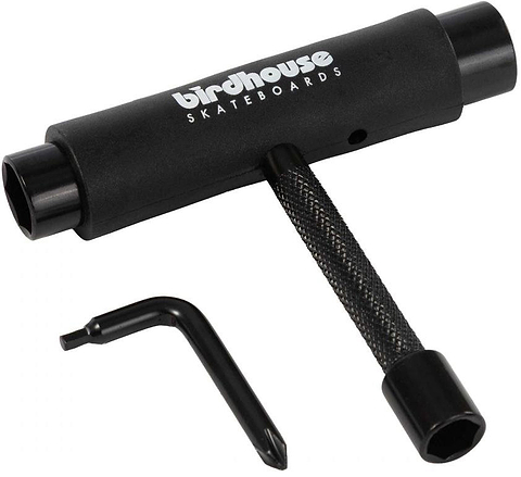 The Birdhouse Skateboard Multi T-Tool - Black by Birdhouse is a T-shaped tool featuring a removable metal screwdriver and an L-shaped Allen wrench, ideal for skateboard maintenance, shown on a white background.