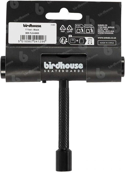A Birdhouse Skateboard Multi T-Tool - Black in its packaging, displaying the Birdhouse logo, barcode, company contact details, and product information on a gray background—ideal for skateboard maintenance and repairs.