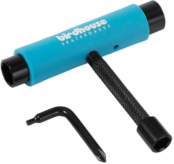 The Birdhouse Skateboard Multi T-Tool in blue features a T-shaped design with multiple socket sizes and a black handle for efficient skateboard maintenance, and comes with a separate L-shaped screwdriver tool.