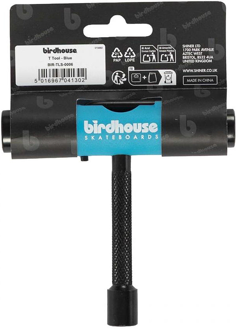 The Birdhouse Skateboard Multi T-Tool - Blue by Birdhouse, designed for easy skateboard maintenance and assembly, is displayed in its original packaging featuring product details and a barcode.