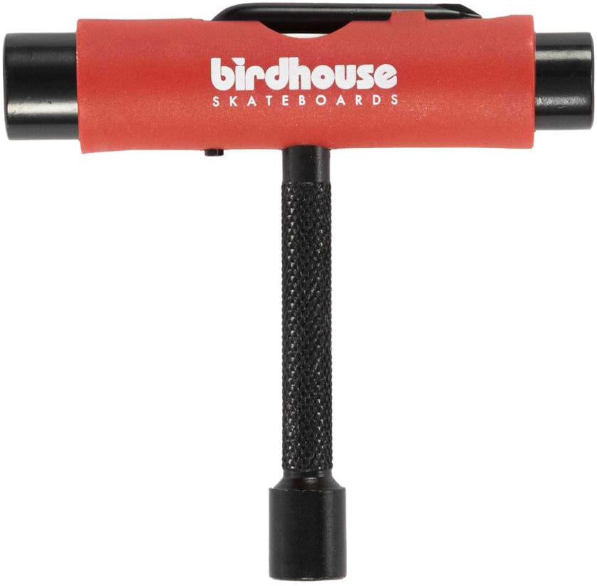 The Birdhouse Skateboard Multi T-Tool - Red by Birdhouse features a T-shaped design with three sockets for convenient skateboard maintenance and a textured black handle to enhance grip.
