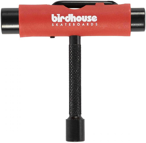 The Birdhouse Skateboard Multi T-Tool - Red by Birdhouse features a T-shaped design with three sockets for convenient skateboard maintenance and a textured black handle to enhance grip.