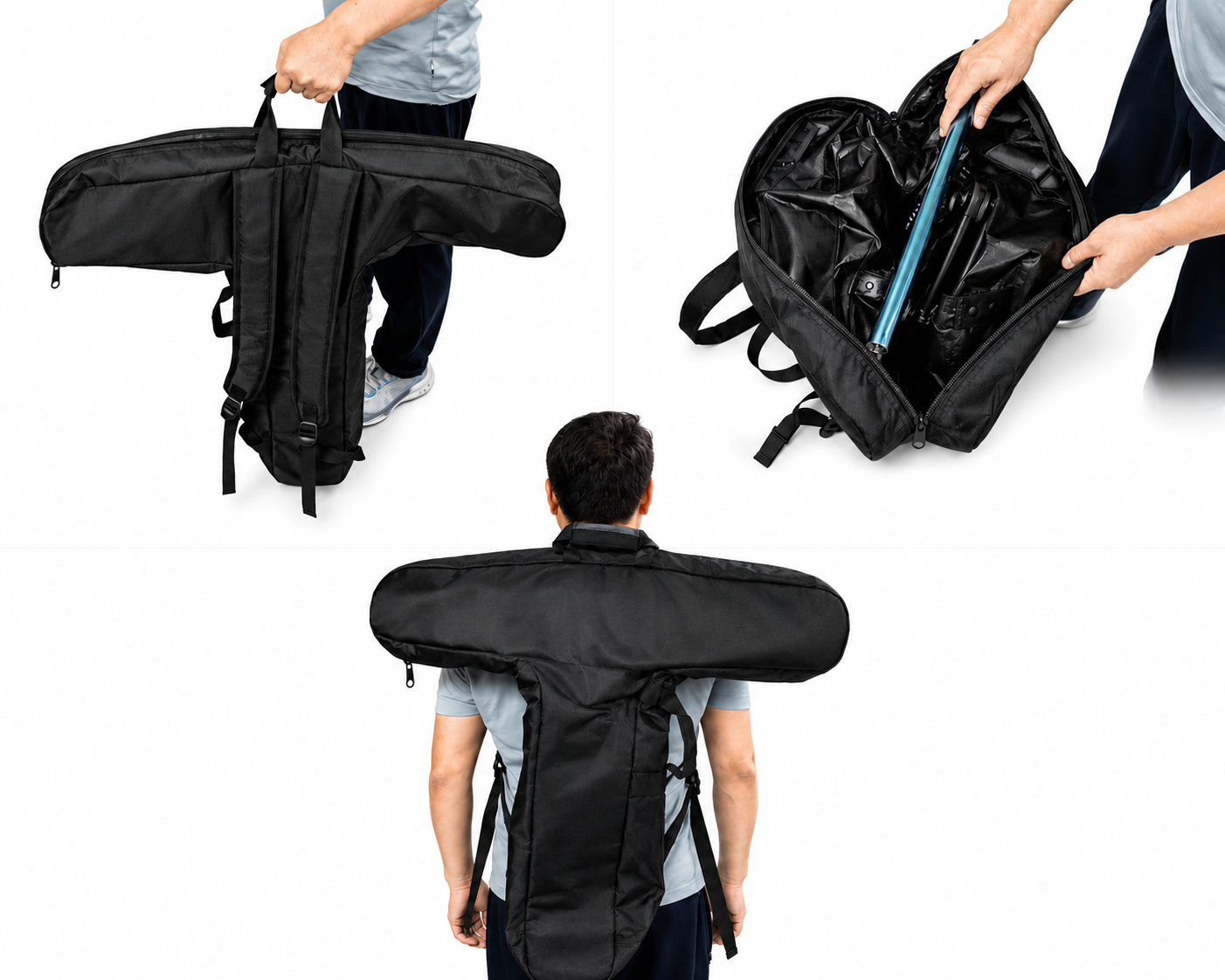 A person showcases the Skates.co.uk Scooter Bag - Black by Skates.co.uk from various angles, including an open view revealing a roomy interior with sports gear, and a shot of the bag being worn as a backpack.