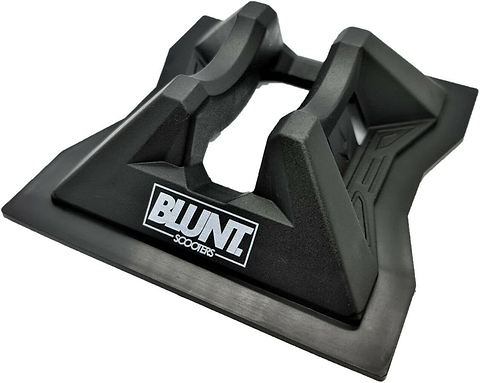 The Blunt Envy Scooter Stand V2 - Black from Blunt Envy features angular supports and a white “BLUNT SCOOTERS” logo, designed to securely hold scooters with wheels up to 30mm wide.