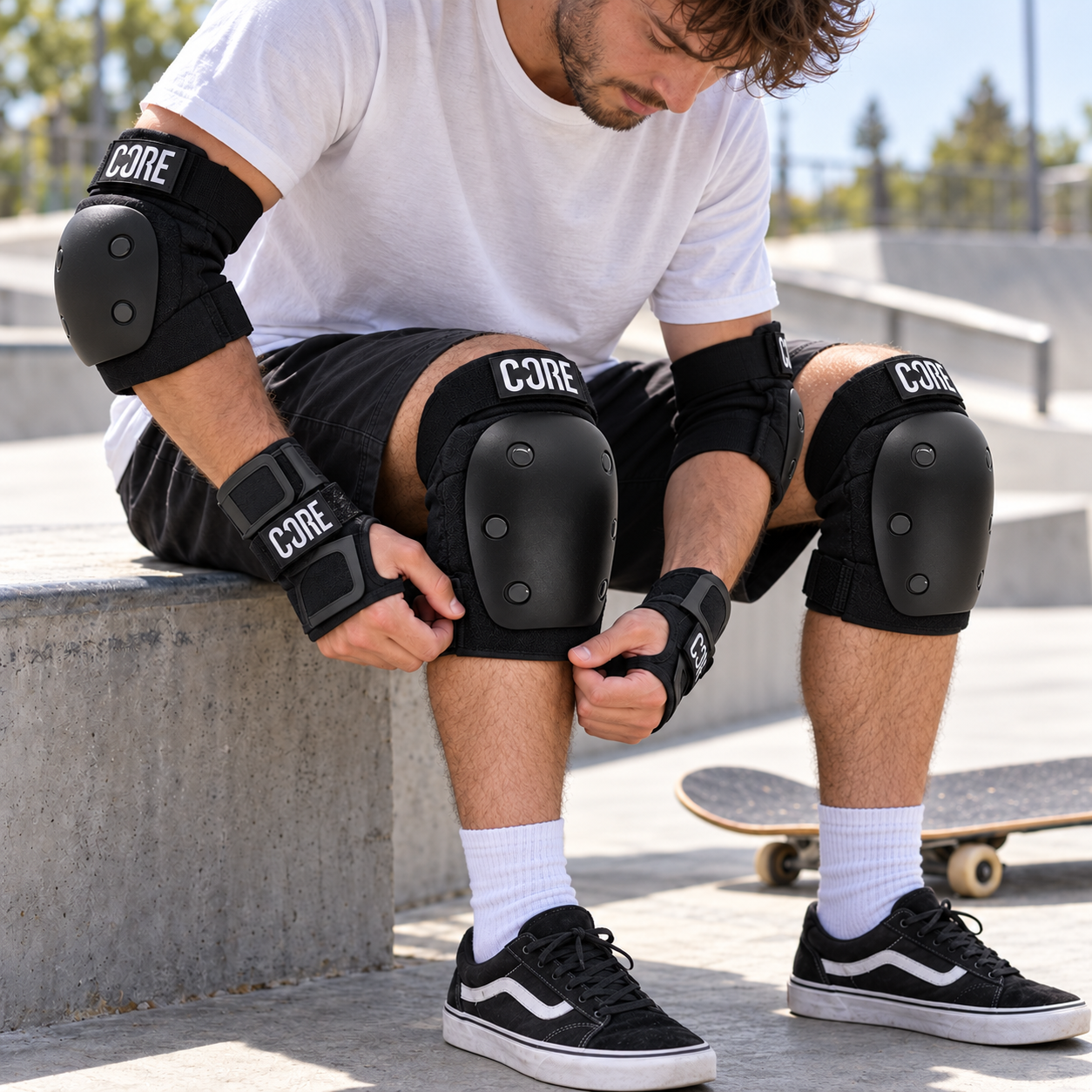 A person sitting on a concrete ledge adjusts a black CORE Adult Triple Skate Protection Pad Set - Stealth, consisting of elbow pads, knee pads, and wrist guards.