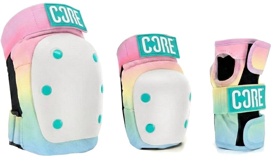 The CORE Adult Triple Skate Protection Pad Set - Pop includes knee pads, elbow pad, and wrist guards with pastel rainbow design, white padding, teal CORE labels, and turquoise button details.