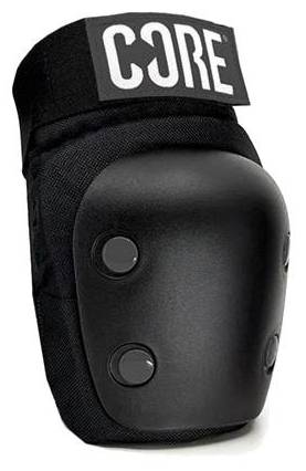 Black protective knee pad from a CORE Adult Triple Skate Protection Pad Set - Stealth, featuring a hard outer shell, three rivets, and a top strap labeled “CORE.”