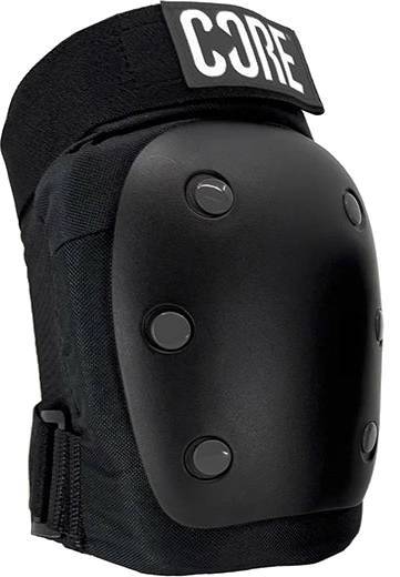 Black protective knee pad from the CORE Adult Triple Skate Protection Pad Set - Stealth, featuring a hard outer shell and a top strap.
