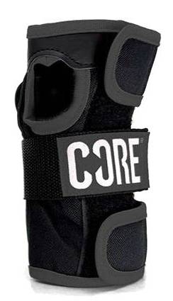Black wrist guard from a CORE Adult Triple Skate Protection Pad Set - Stealth, featuring two adjustable hook-and-loop straps and a central logo patch.