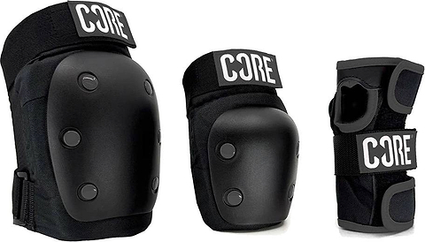 The CORE Adult Triple Skate Protection Pad Set - Stealth features black adult knee and elbow pads plus wrist guards with “CORE” branding, shown side by side on a white background.