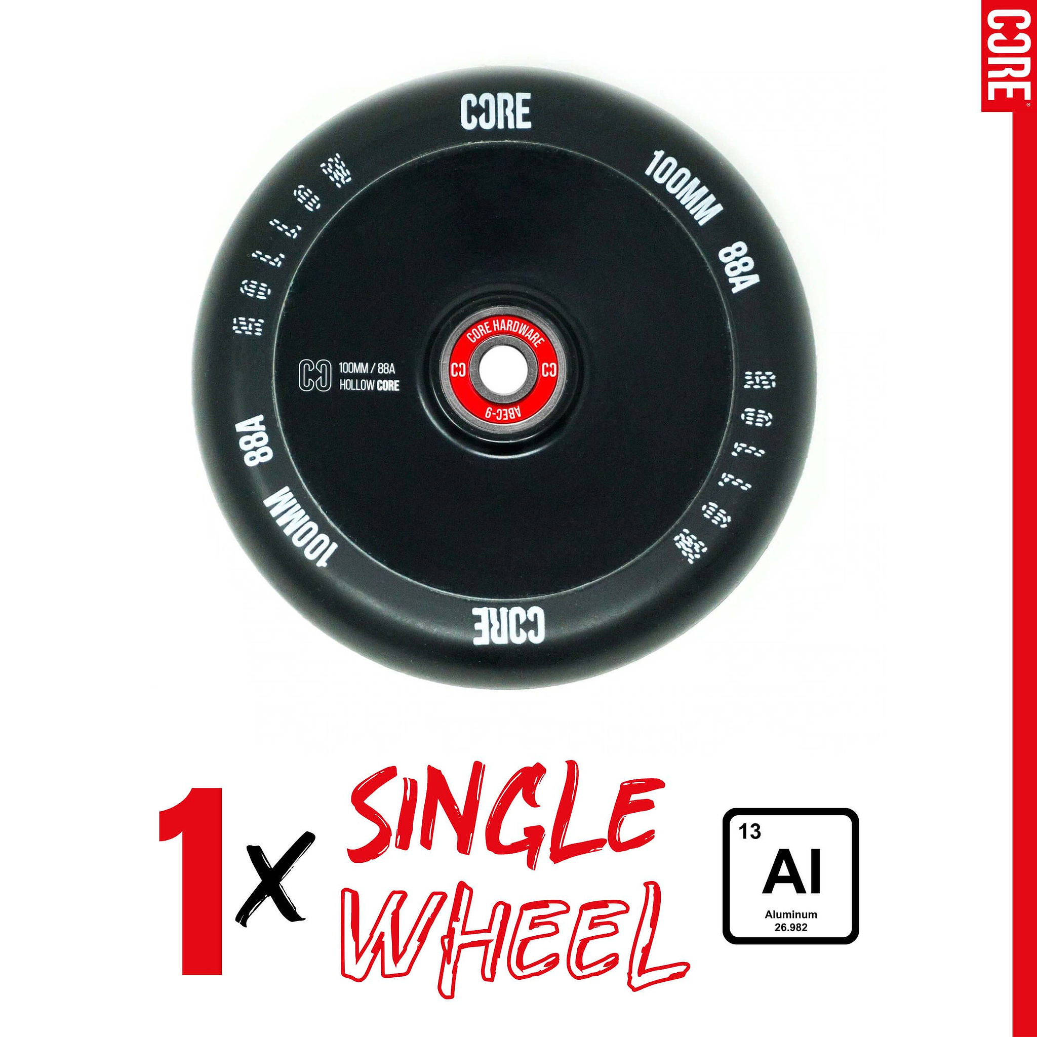 CORE Hollow Core V2 100mm Stunt Scooter Wheel - Black features a hollow aluminum core and CORE ABEC 9 bearings. “1x Single Wheel” and an aluminum symbol are shown below the wheel on a white background.
