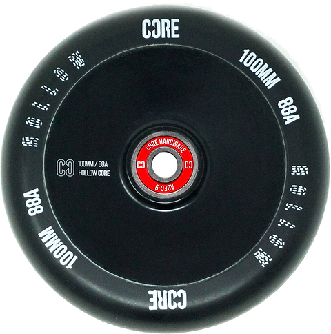 The CORE Hollow Core V2 100mm Stunt Scooter Wheel - Black features a hollow core, white “CORE” and “HOLLOW CORE” print, and a red CORE ABEC 9 bearing in the center.