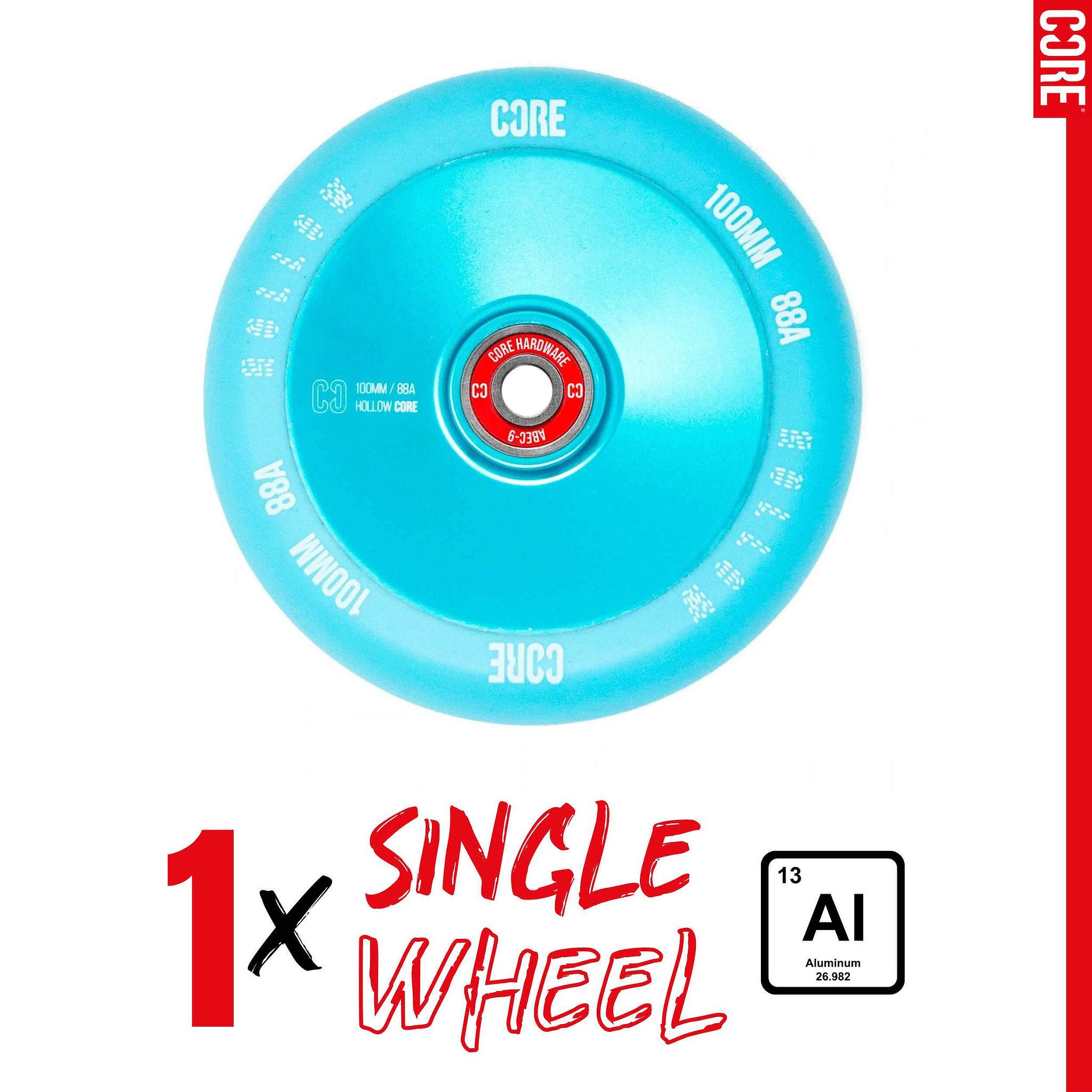 A CORE Hollow Core V2 100mm Stunt Scooter Wheel - Mint Blue with a red core is shown above “1 x SINGLE WHEEL,” “AI 13” aluminum symbol, and the word “CORE” on the wheel and left border.