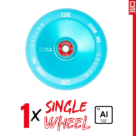 A CORE Hollow Core V2 100mm Stunt Scooter Wheel - Mint Blue with a red core is shown above “1 x SINGLE WHEEL,” “AI 13” aluminum symbol, and the word “CORE” on the wheel and left border.