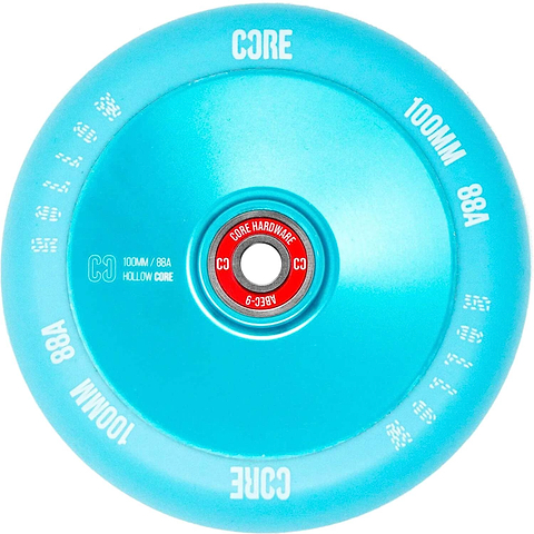 The CORE Hollow Core V2 100mm Stunt Scooter Wheel - Mint Blue features “CORE” branding, “100MM 88A” on the rim, a red hollow core, and metallic CORE ABEC 9 bearings for smooth rides.