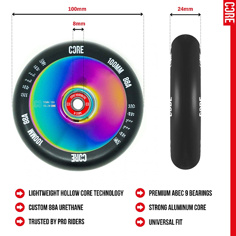 The CORE Hollow Core V2 100mm Stunt Scooter Wheel - Neochrome features a lightweight aluminum core, custom 88A urethane, pro-tested ABEC 9 bearings, and universal fit—shown front and side.