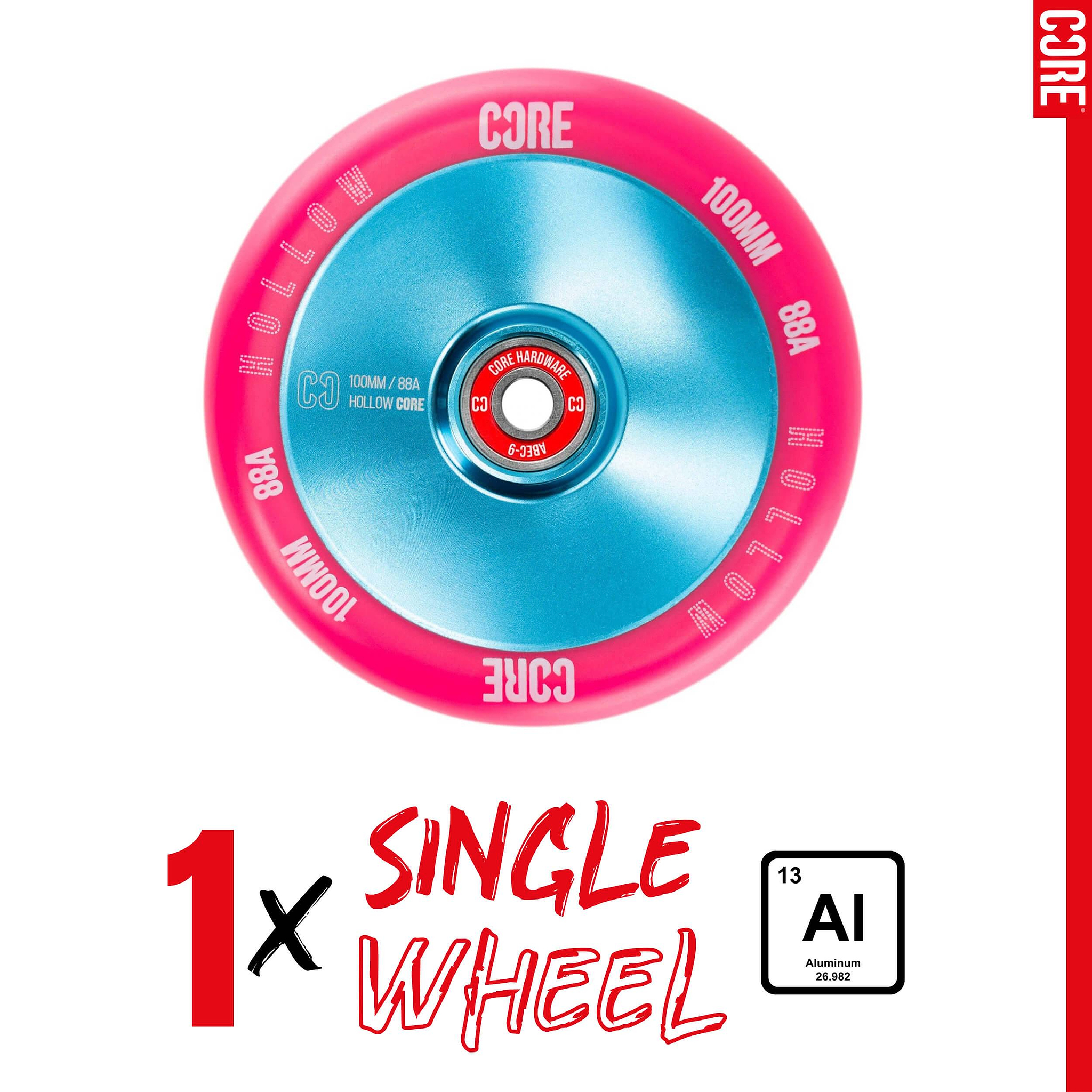 A single CORE Hollow Core V2 100mm Stunt Scooter Wheel - Pink / Blue with “SINGLE WHEEL” and “Aluminum 13 AI” text below, shown on a white background with red accents.