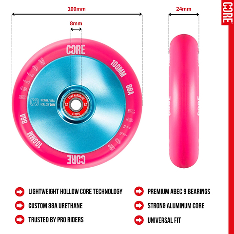 The CORE Hollow Core V2 100mm Stunt Scooter Wheel - Pink / Blue features a 100mm diameter, hollow aluminum core, 24mm width, 8mm core, 88A urethane, ABEC 9 bearings, and universal fit.