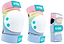 The CORE Junior Triple Skate Protection Pad Set - Pop includes pastel-colored knee/elbow pads with white hard shells and a wrist guard, all with teal patches featuring the “CORE” label.