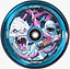 The Chubby Hollowcore 110mm Stunt Scooter Wheel - Arctic by Chubby showcases a blue design with artwork of a fierce white yeti baring sharp teeth and a hooded figure holding a knife, all set against a snowy night sky. The rim is marked with “Limited Edition” and “Lunar.”.