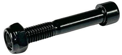 A close-up of the CORE Replacement 58mm Stunt Scooter Front Axle Bolt, a black metal hex bolt with a partially threaded shaft, ideal for use as a scooter front axle or replacement stunt scooter axle, isolated on white.