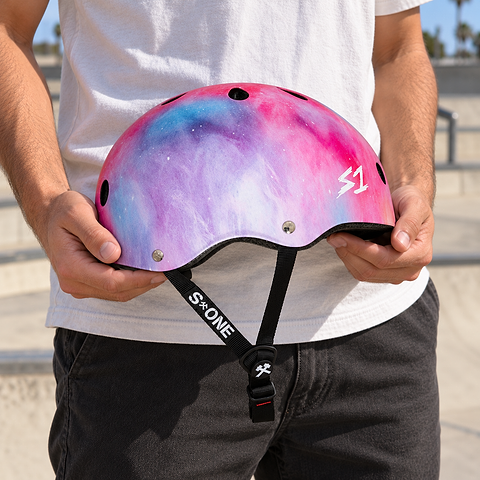 Person holding an S1 Lifer Skate / Scooter Helmet - Cotton Candy with a pink, purple, and blue nebula-style pattern.