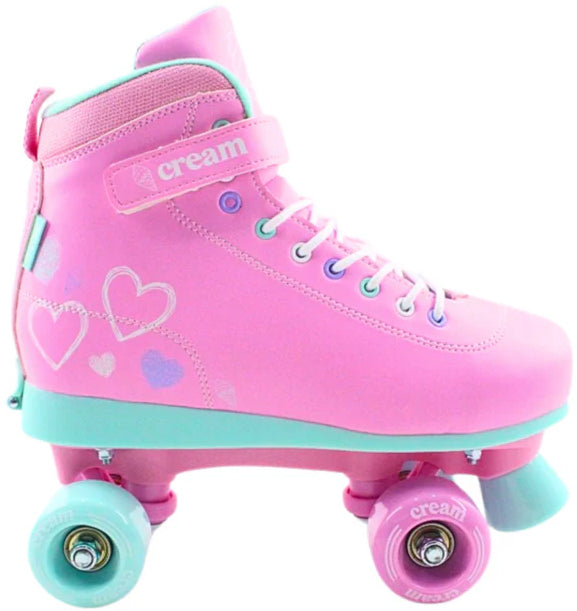 Bright and playful, the CREAM Scoop Hearts Adjustable Quad Roller Skates in pink and teal feature charming heart accents, pastel laces, and a signature "CREAM" strap. Designed for beginners, these retro-inspired skates offer an adjustable quad construction with eye-catching pink and teal wheels—perfect for skating in fun style.