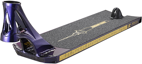 Introducing the Blunt Envy AOS V6 Jordan Chan Signature Stunt Scooter Deck - 6.5″ x 22.5″, featuring a vibrant purple finish, a black grip surface bordered with gold geometric detailing, and an eye-catching graphic of the Empire State Building. The deck’s precisely angled headtube pairs with a sleek black brake for optimal performance and style.