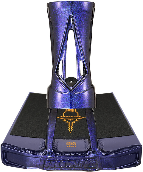 A Blunt Envy AOS V6 Jordan Chan Signature Stunt Scooter Deck in metallic purple, featuring black grip tape, a yellow graphic, and an open-frame headtube design, shown from the front.
