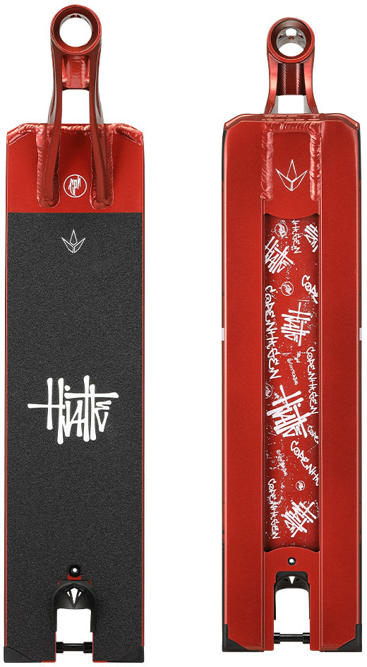 Two views of the Blunt Envy AOS V6 Happy Hjalte Signature Stunt Scooter Deck - 5.5″ x 21″ are shown, displaying the top and bottom. The top features black grip tape with a bold white graffiti-style logo, emphasizing its Hjalte Signature design, while the underside showcases striking white graffiti-style text and symbols set against a vibrant red metallic finish—making this Blunt Envy deck truly eye-catching.