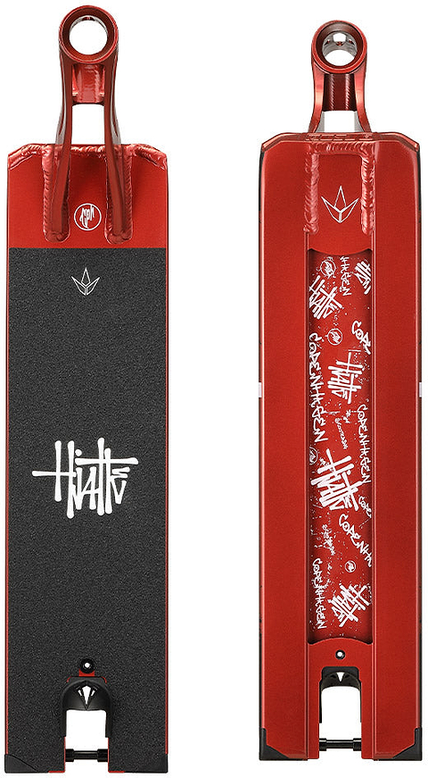 Two views of the Blunt Envy AOS V6 Happy Hjalte Signature Stunt Scooter Deck - 5.5″ x 21″ are shown, displaying the top and bottom. The top features black grip tape with a bold white graffiti-style logo, emphasizing its Hjalte Signature design, while the underside showcases striking white graffiti-style text and symbols set against a vibrant red metallic finish—making this Blunt Envy deck truly eye-catching.