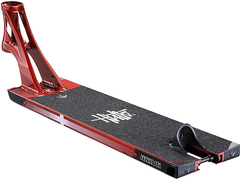 The Blunt Envy AOS V6 Happy Hjalte Signature Stunt Scooter Deck (5.5″ x 21″) features a bold red finish with black grip tape, striking white graphics, and a rear cutout for wheel placement. Its angular, reinforced neck and squared back edge offer both strength and style—perfect for serious riders seeking performance from Blunt Envy.