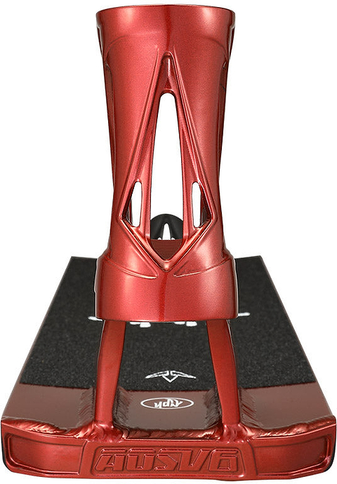 Blunt Envy AOS V6 Happy Hjalte Signature Stunt Scooter Deck (5.5″ x 21″) and neck with angular cutouts, viewed from the front, featuring black grip tape and engraved logo details.