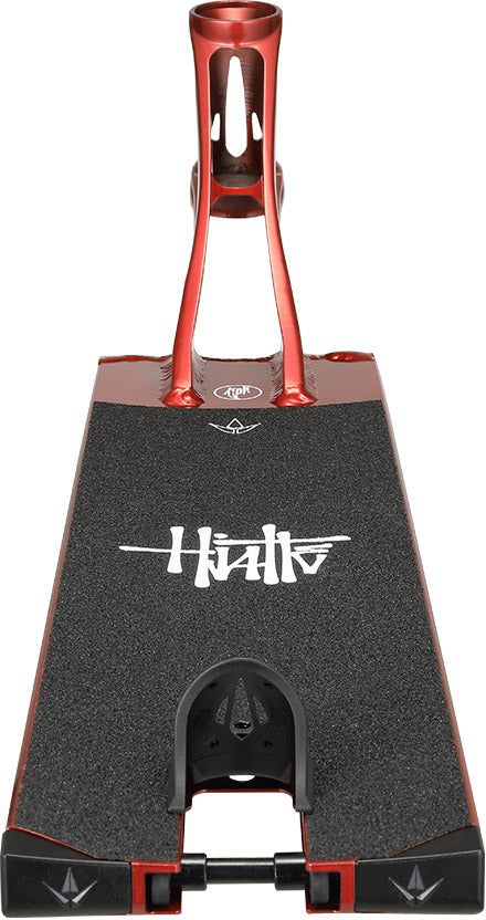 Blunt Envy AOS V6 Happy Hjalte Signature stunt scooter deck in vibrant red with black grip tape and a white “Halo” logo. The rear-view image highlights the brake, angled metal supports, and part of the headtube—ideal for riders looking for the Hjalte Signature style.