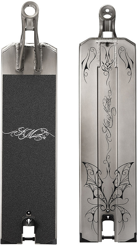 The Blunt Envy AOS V6 Kai Martin Signature Stunt Scooter Deck—measuring 6.5″ x 23″—is featured here, showing both its top and bottom views. The top is finished with black grip tape and displays a striking white logo, while the underside is adorned with intricate black line artwork including stylized wings and elegant script, highlighting the premium design quality Blunt Envy is known for.