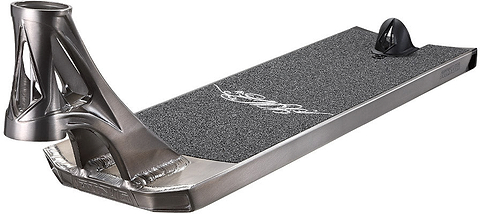 A close-up of the Blunt Envy AOS V6 Kai Martin Signature Stunt Scooter Deck (6.5″ x 23″) showcases its rough black grip surface and detailed welding, captured from a low angle.