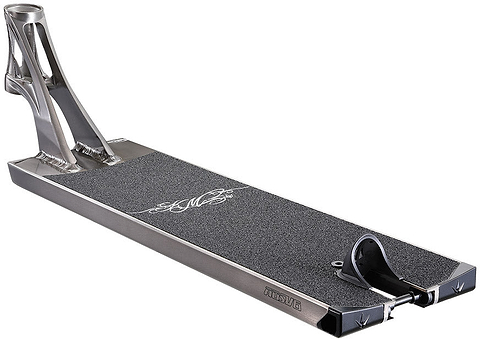 A close-up of the Blunt Envy AOS V6 Kai Martin Signature Stunt Scooter Deck - 6.5″ x 23″ features its silver finish, black grip tape, detailed logo, and front headset cup. The deck is angled to highlight the headtube and foot area.