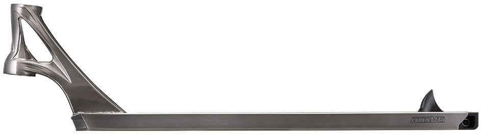 A Blunt Envy AOS V6 Kai Martin Signature Stunt Scooter Deck (6.5″ x 23″) is displayed lying flat on its side, featuring an angled headtube on the left and a rear fender on the right. The smooth, unfinished silver surface emphasizes the premium quality of this Blunt Envy scooter deck.