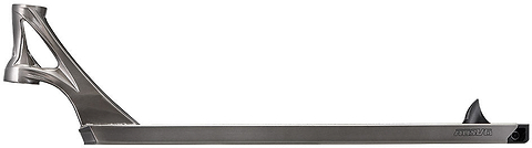 A Blunt Envy AOS V6 Kai Martin Signature Stunt Scooter Deck (6.5″ x 23″) is displayed lying flat on its side, featuring an angled headtube on the left and a rear fender on the right. The smooth, unfinished silver surface emphasizes the premium quality of this Blunt Envy scooter deck.