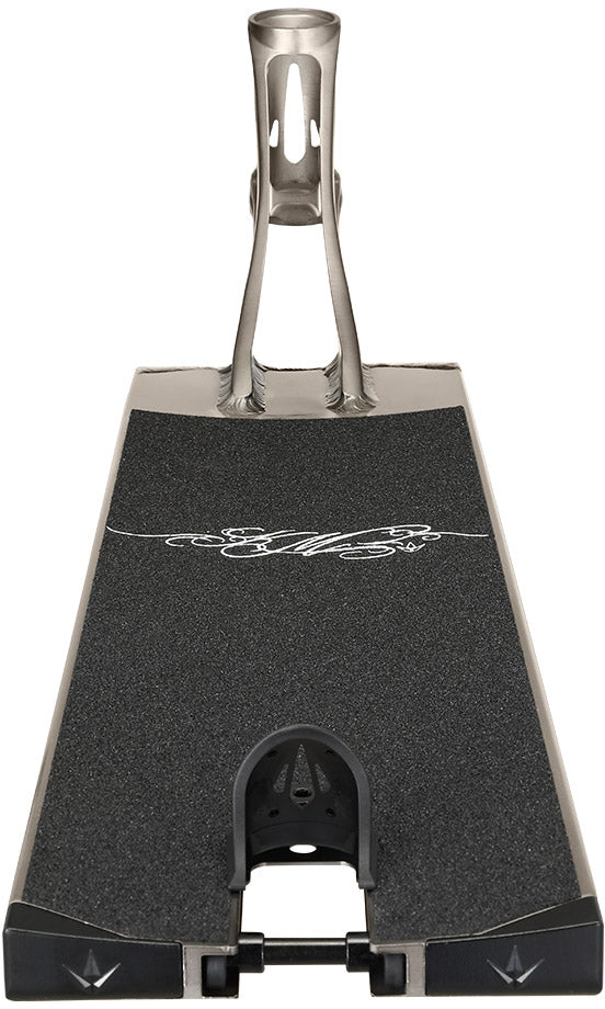 Close-up view of the Blunt Envy AOS V6 Kai Martin Signature Stunt Scooter Deck - 6.5″ x 23″, featuring a textured black grip surface with a white design, silver neck, and distinctive cut-out details.