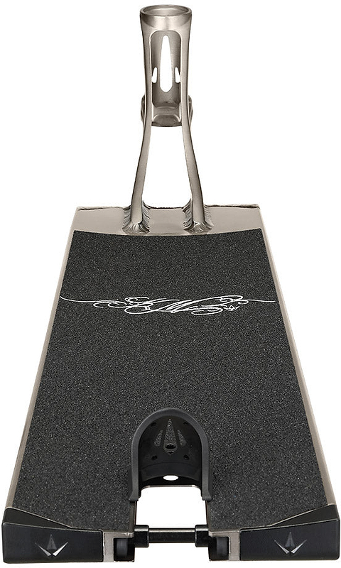 Close-up view of the Blunt Envy AOS V6 Kai Martin Signature Stunt Scooter Deck - 6.5″ x 23″, featuring a textured black grip surface with a white design, silver neck, and distinctive cut-out details.