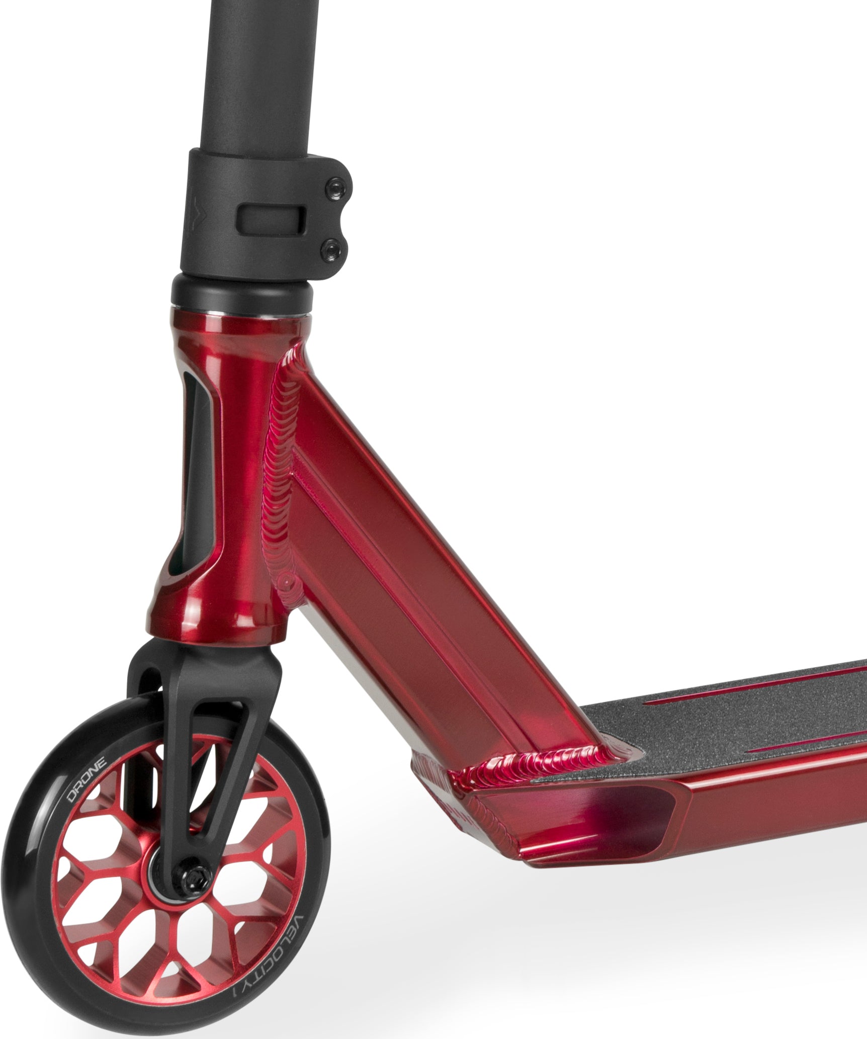 Close-up of a Drone Element 2 Evo Complete Stunt Scooter - Trans Red, featuring a metallic red frame, black handlebars, and a red wheel with a black rim.