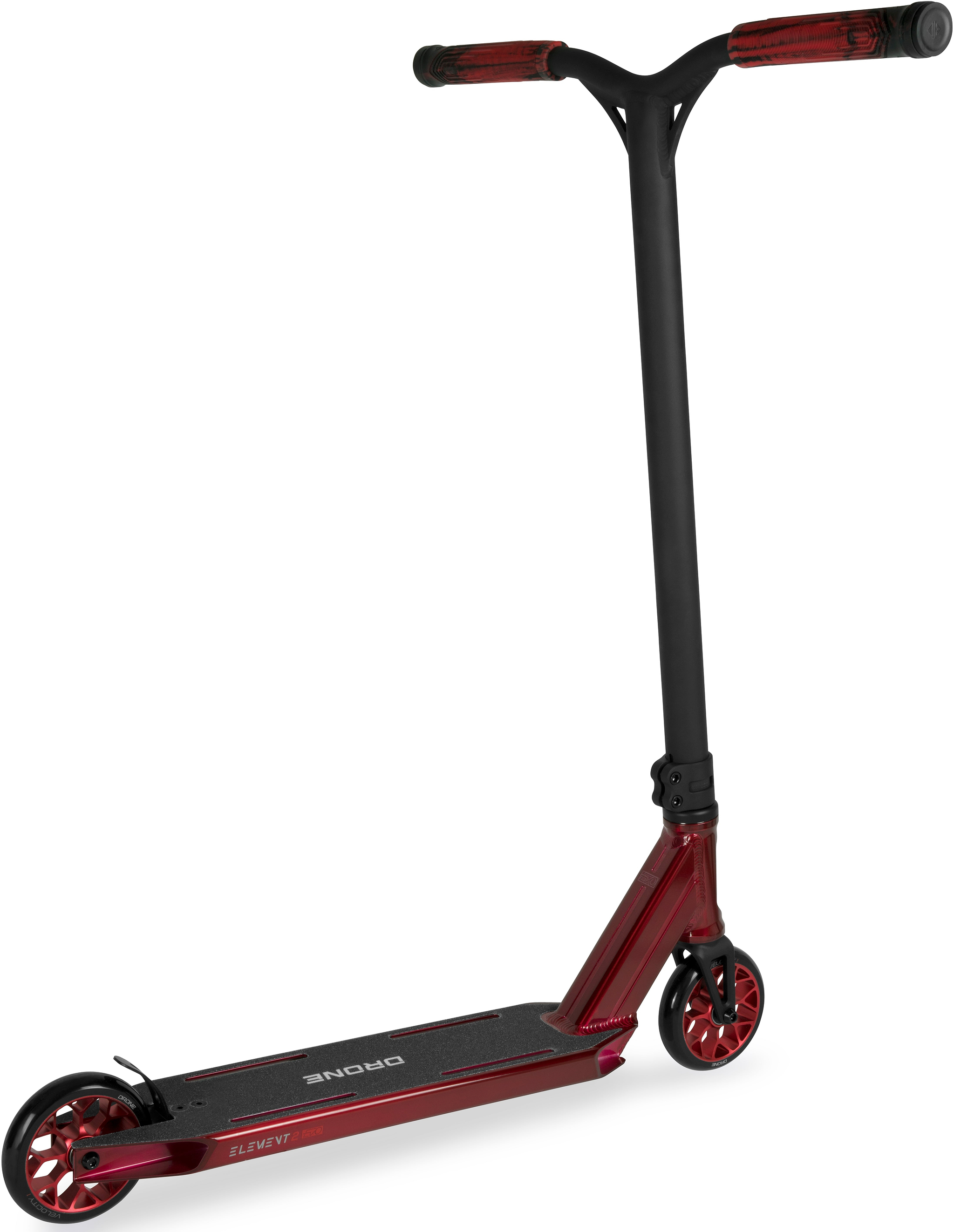 Drone Element 2 Evo Complete Stunt Scooter in Trans Red, featuring a feather-light metallic deck, black handlebars, and red wheels.