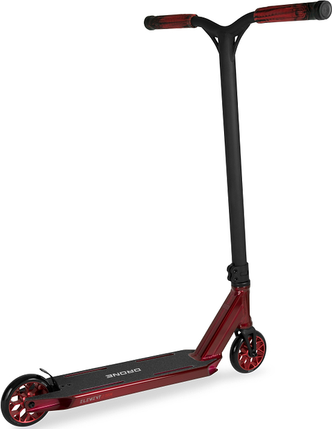 Drone Element 2 Evo Complete Stunt Scooter in Trans Red, featuring a feather-light metallic deck, black handlebars, and red wheels.