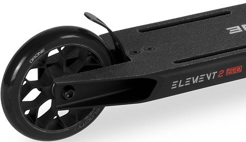 Close-up of the black Drone Element 2 Evo Complete Stunt Scooter deck and rear wheel, with “ELEMENT 2 EVO” printed on the side.