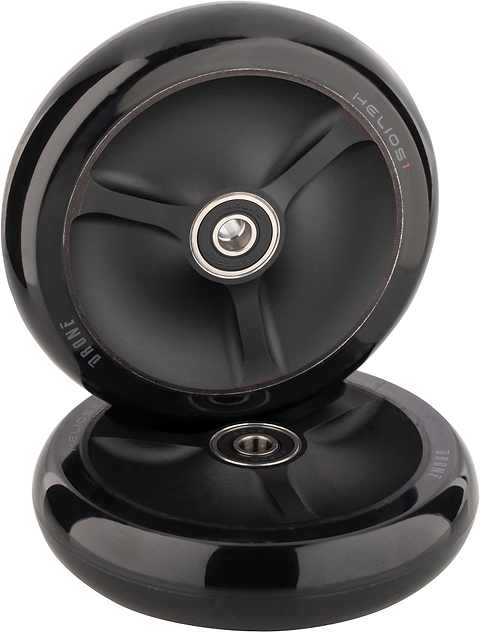 Two black Drone Helios 1 110mm Stunt Scooter Wheels with hollow core construction, three-spoke designs, and center bearings.