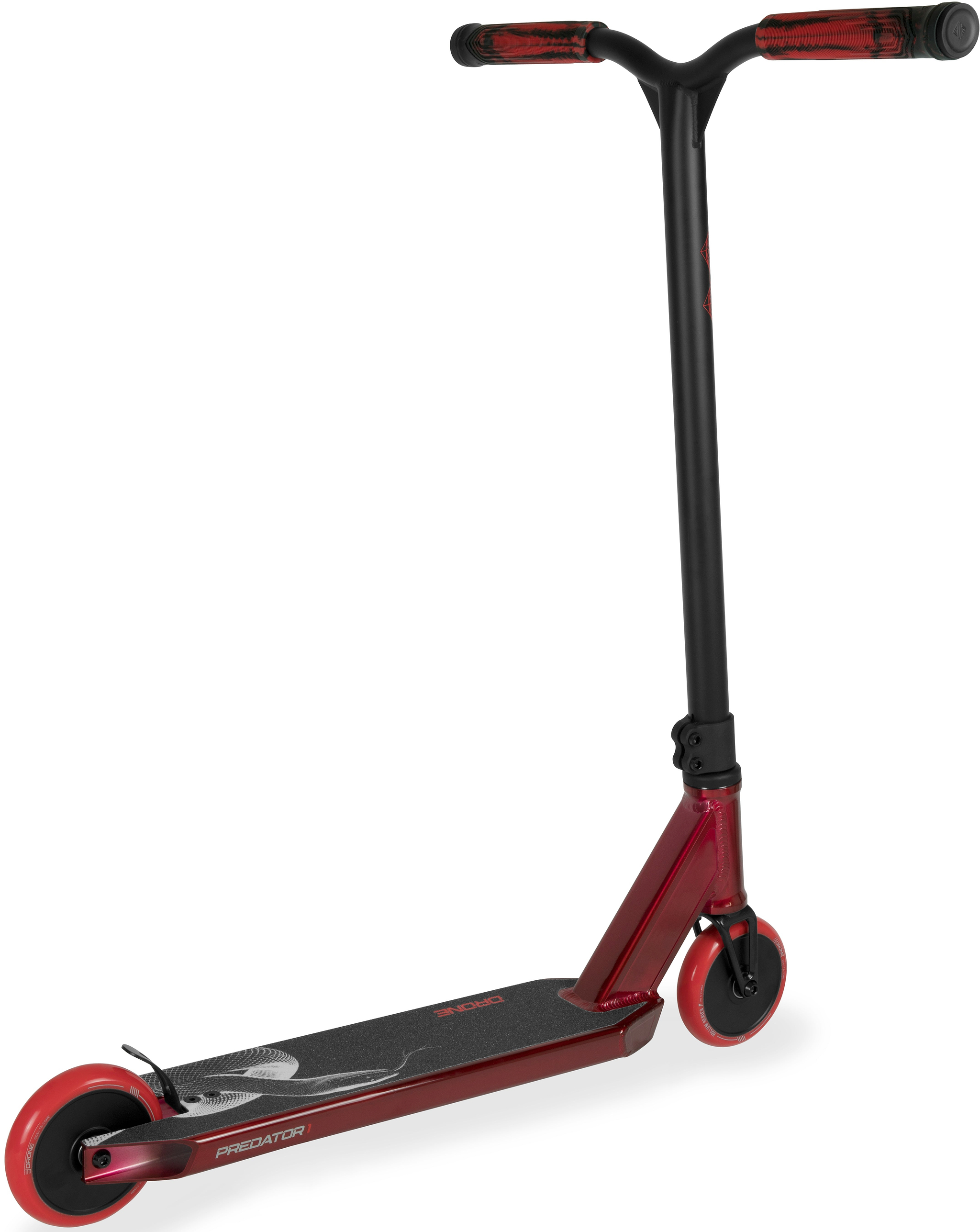 Drone Predator 1 Complete Stunt Scooter in red and black, featuring a tall handlebar, graphic grip tape, and red wheels; an ideal beginner stunt scooter.