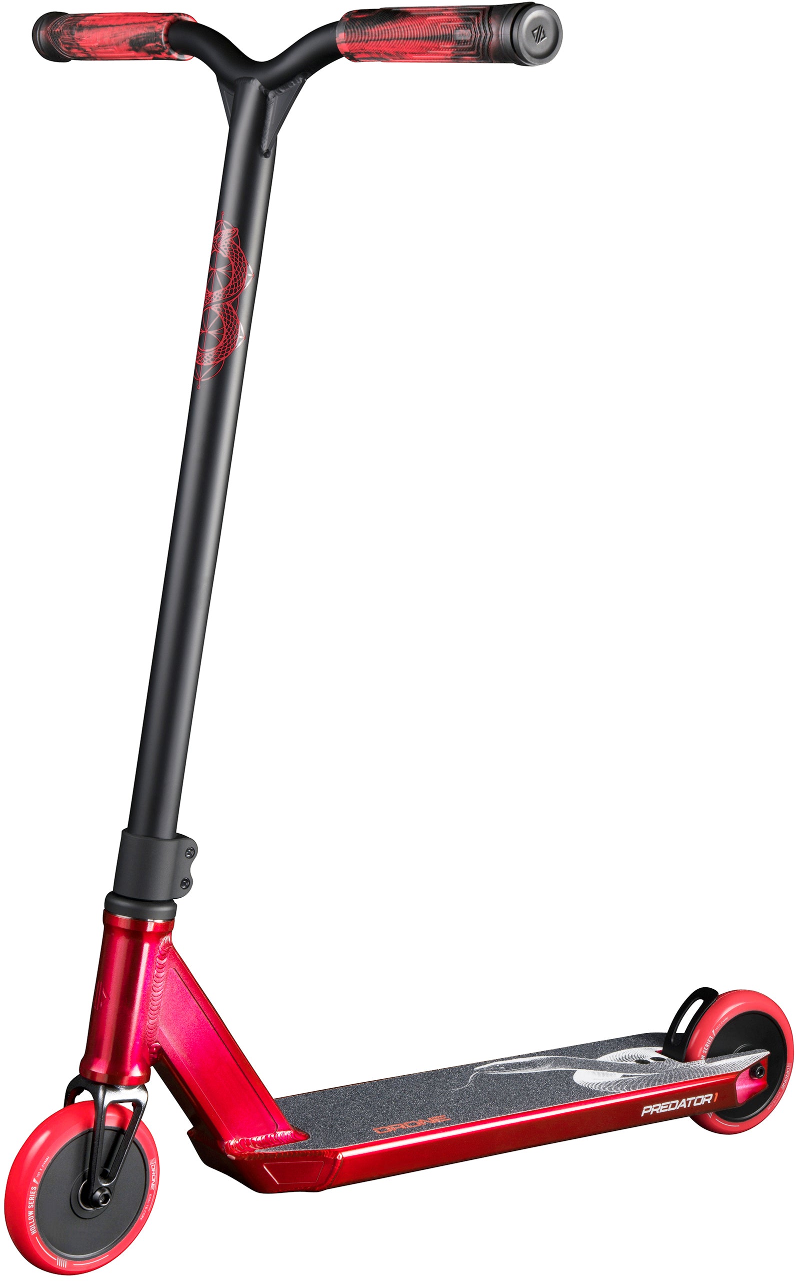 Drone Predator 1 Complete Stunt Scooter in black and red, featuring patterned grips, a tall handlebar, and a red deck with a black grip tape surface, perfect as a beginner stunt scooter.